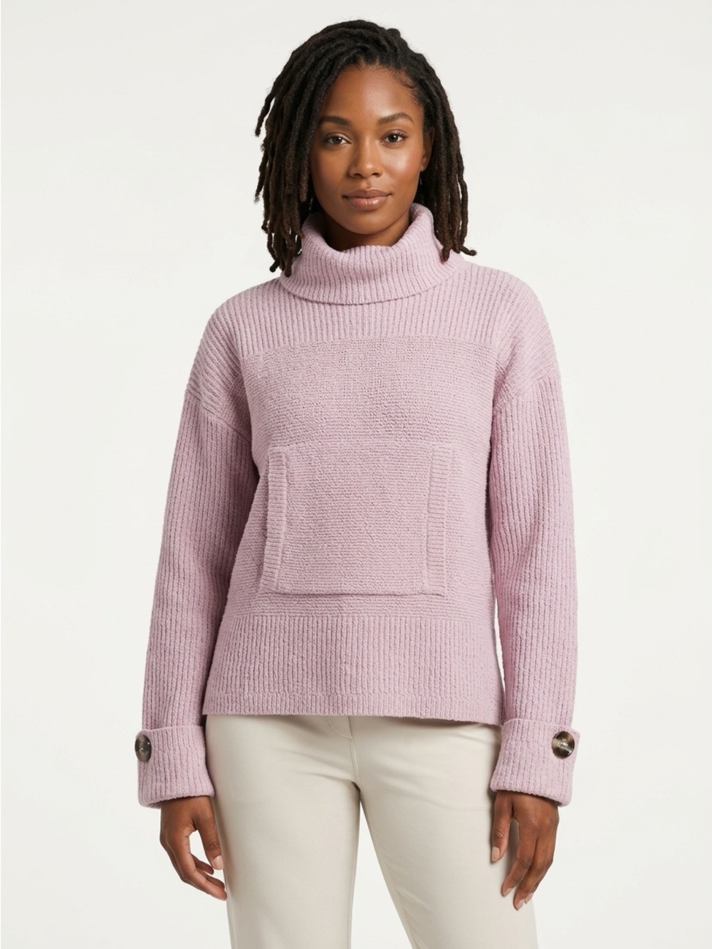 Neon Buddha Cowl Neck Pullover Button Cuffs Textured Cotton Pink S